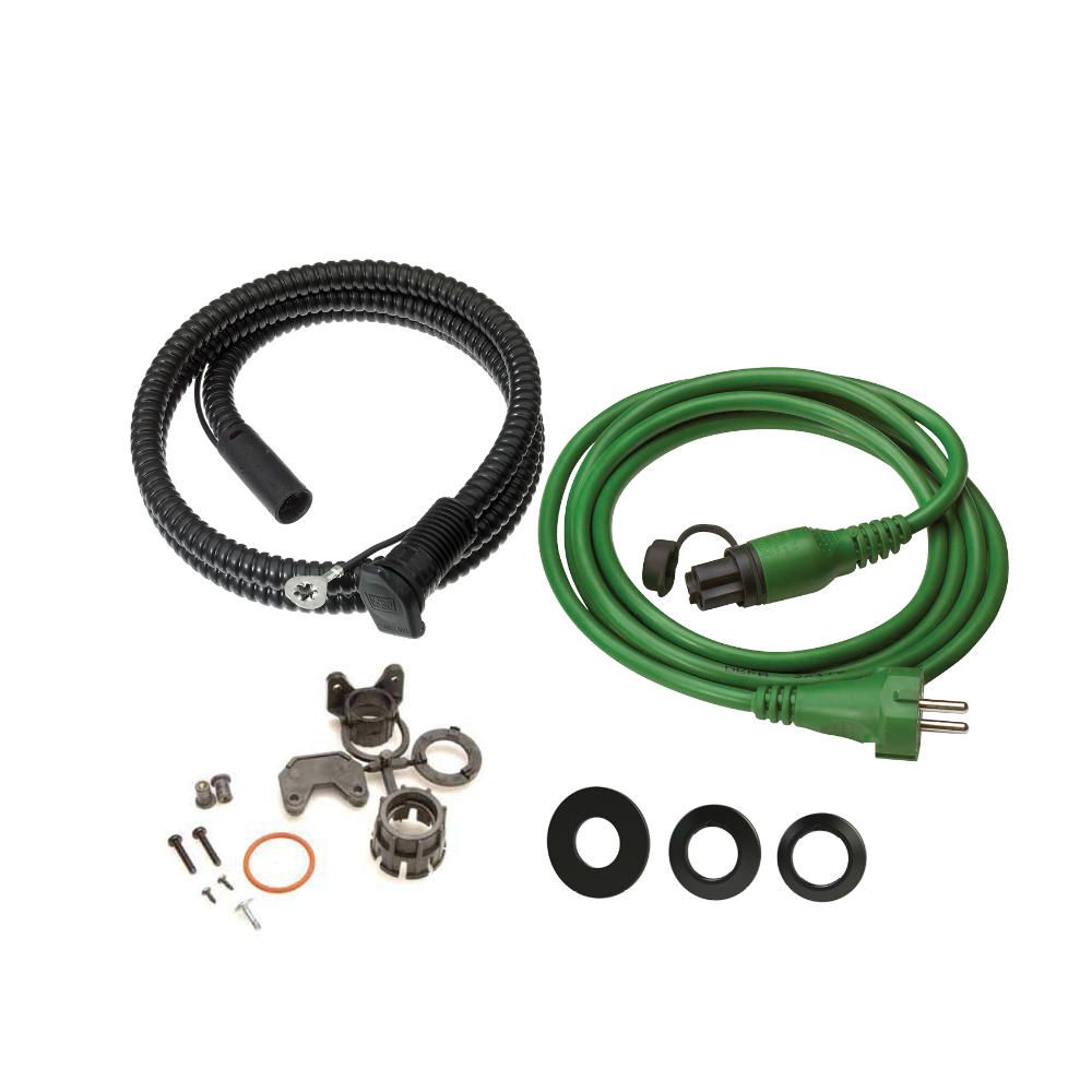 DEFA MiniPlug Connection Kit 2,5 meter met groene walstroomkabel, zwarte aansluitkabel en chassisaansluiting met beschermdeksel – geschikt voor camper of boot