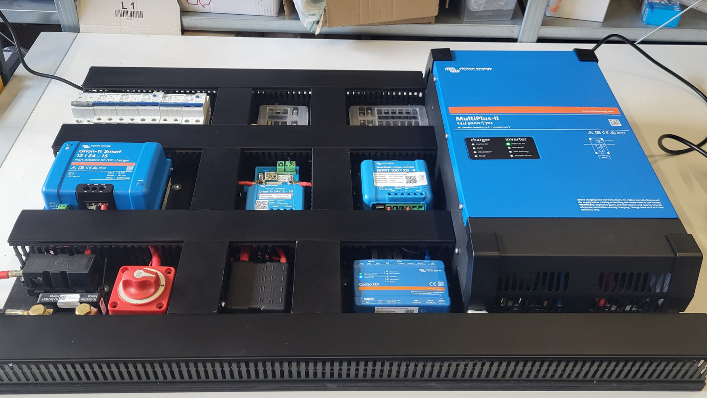 Zijaanzicht van het voorgemonteerde Freedom-elektrabord van Faraday Energy; toont de diepte van het paneel en de hoogte van de Victron-componenten, professioneel afgemonteerd en bekabeld.