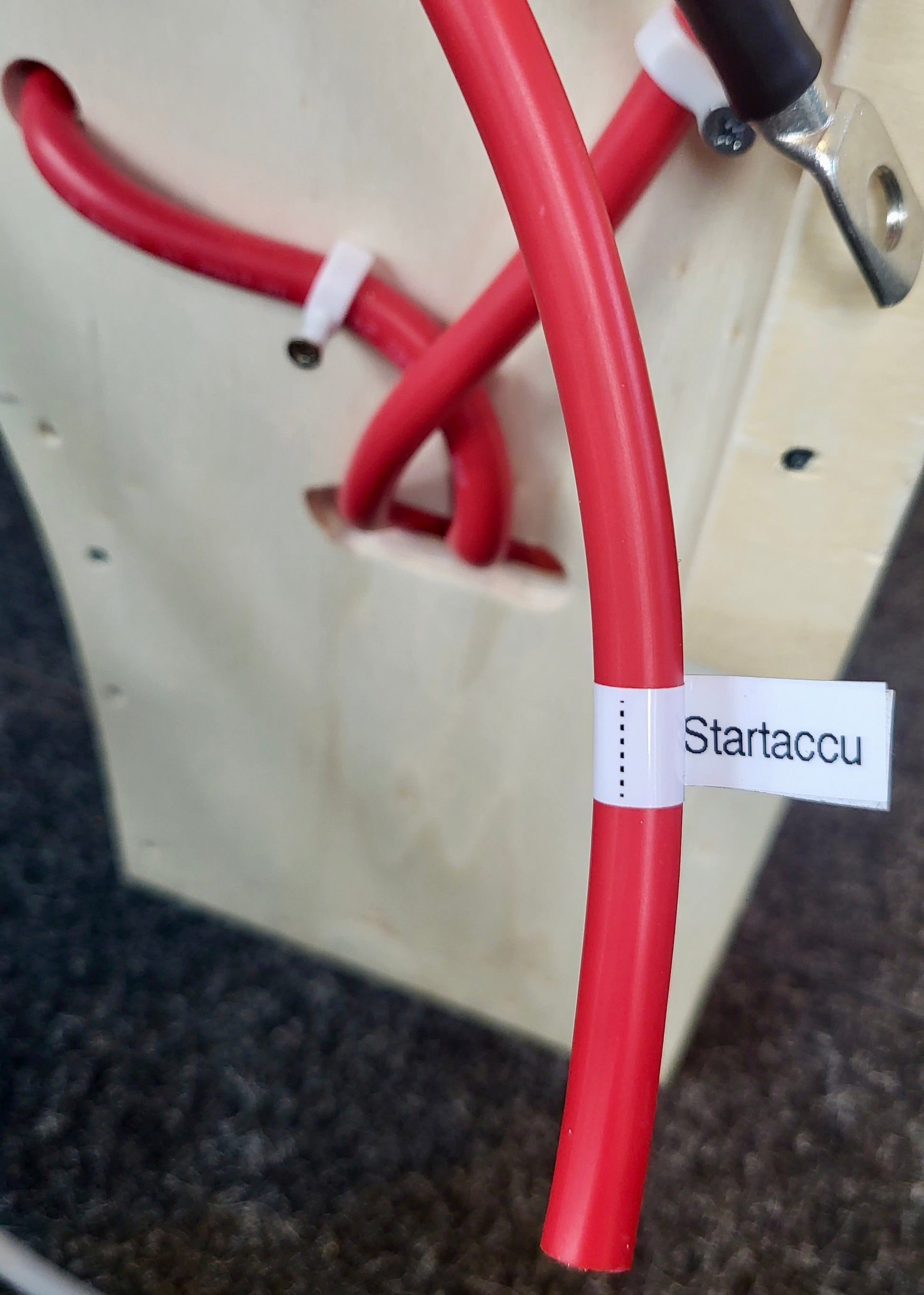 Detail van gelabelde pluskabel van het Victron Compact-elektrabord voor camper, gereed voor aansluiting op de startaccu