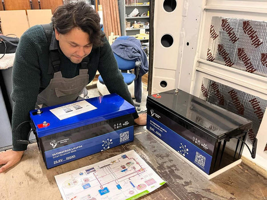 Marco bekijkt het elektrische schema van Faraday Energy naast zijn Mercedes Vario 618D, met twee Ultimatron lithium-accu’s gereed voor installatie.