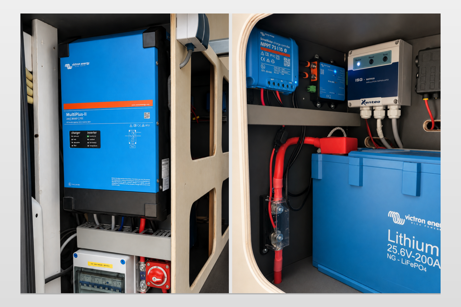 reedom 24V camper-elektra systeem met Victron MultiPlus-II en 200Ah Lithium NG-accu, getoond vanuit twee zijden