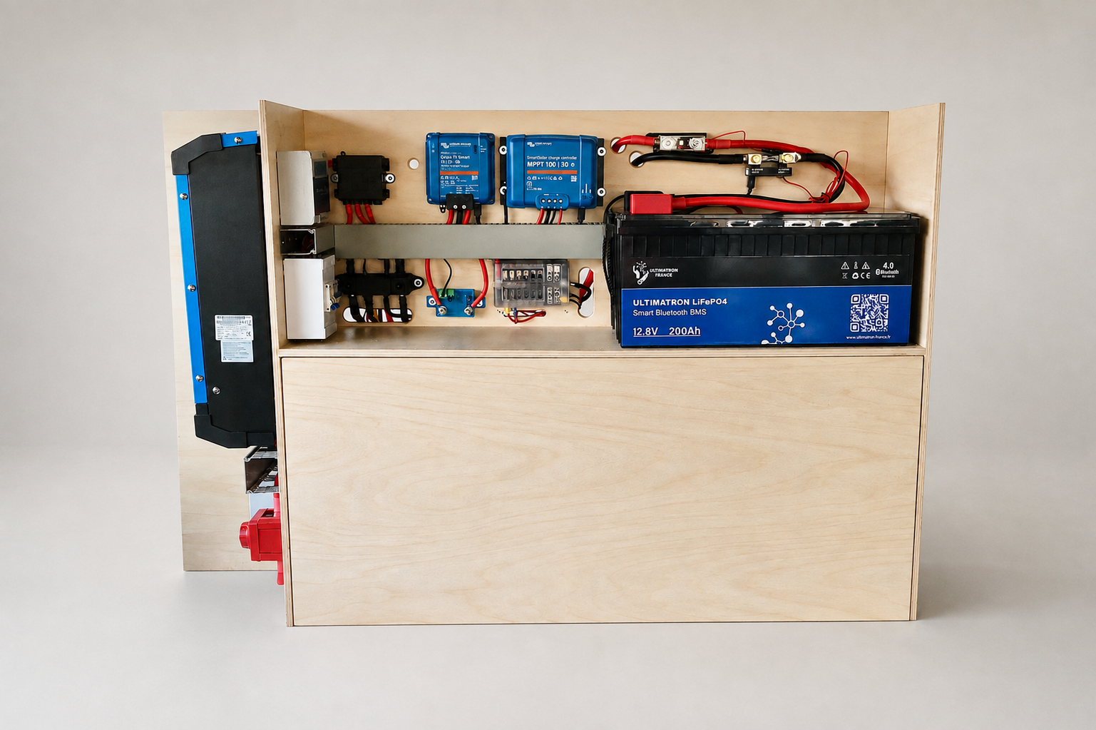 Explorer camper-elektra systeem met Victron MultiPlus, laadapparatuur en 200Ah lithiumaccu in een wielkastmeubel