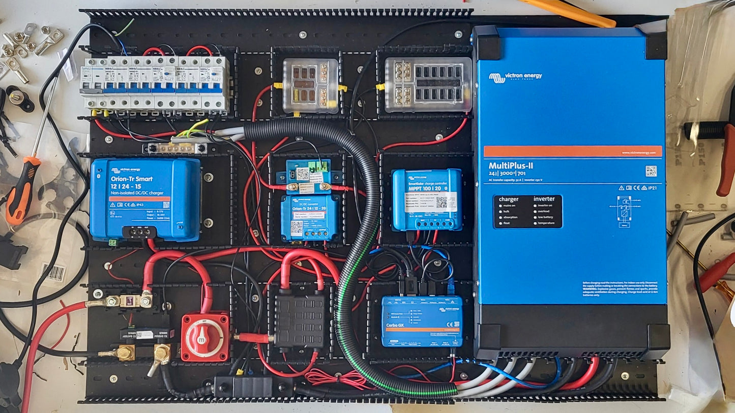 Freedom-elektrasysteem van Faraday Energy tijdens de opbouw; open bedradingkokers tonen de gescheiden 12/24 V- en 230 V-kabels en de nette bedrading tussen Victron-componenten.