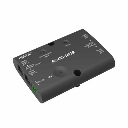 Schuin bovenaanzicht van de RS485-1M2S module, met zicht op poorten