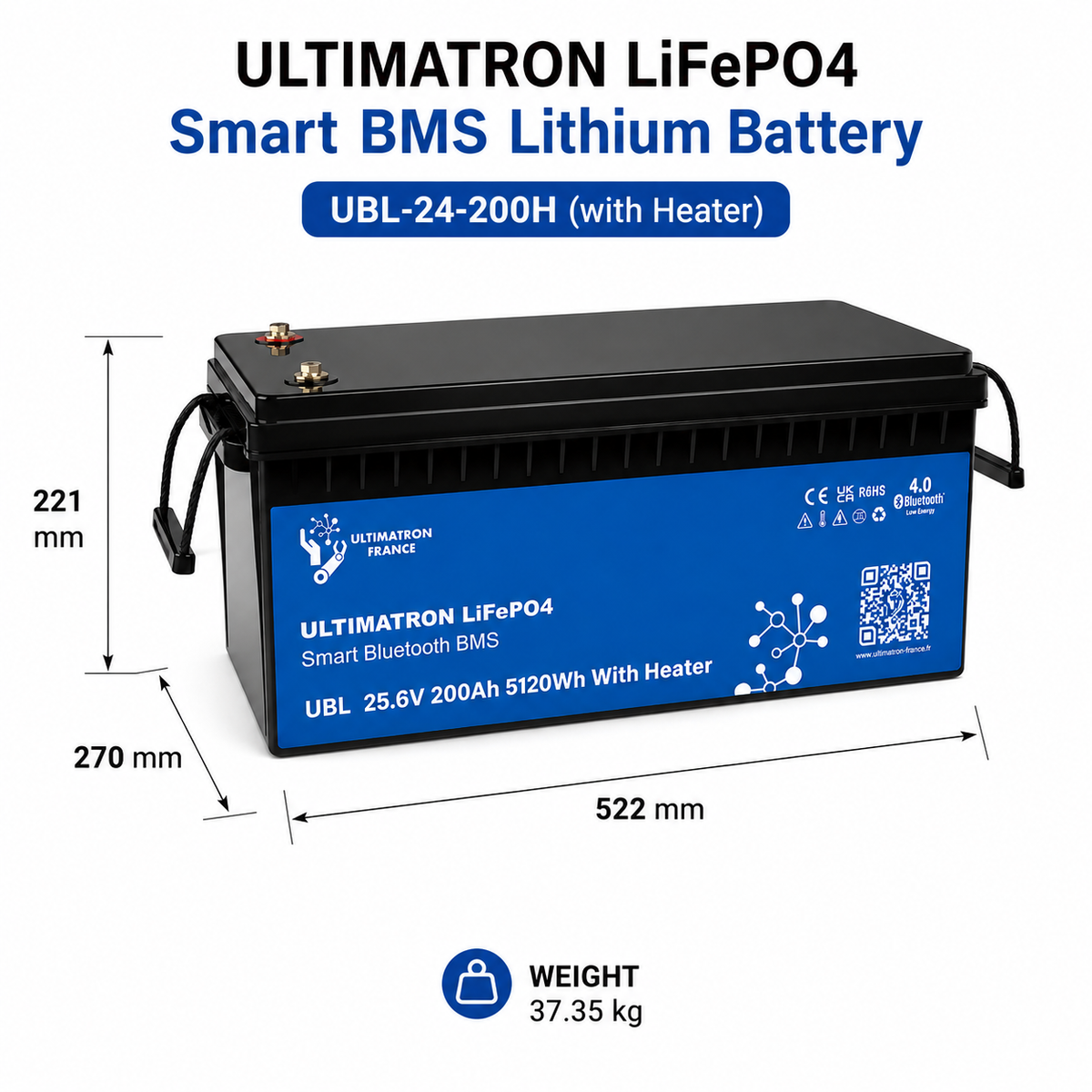 Afmetingen en gewicht van de Ultimatron 24V 200Ah LiFePO4 accu: 522 bij 270 bij 221 mm en 37,35 kg