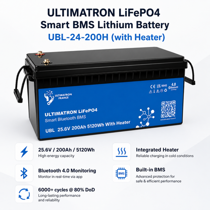 Eigenschappen van de Ultimatron 25,6V 200Ah LiFePO4 accu met heater, Bluetooth, BMS en 5120Wh capaciteit
