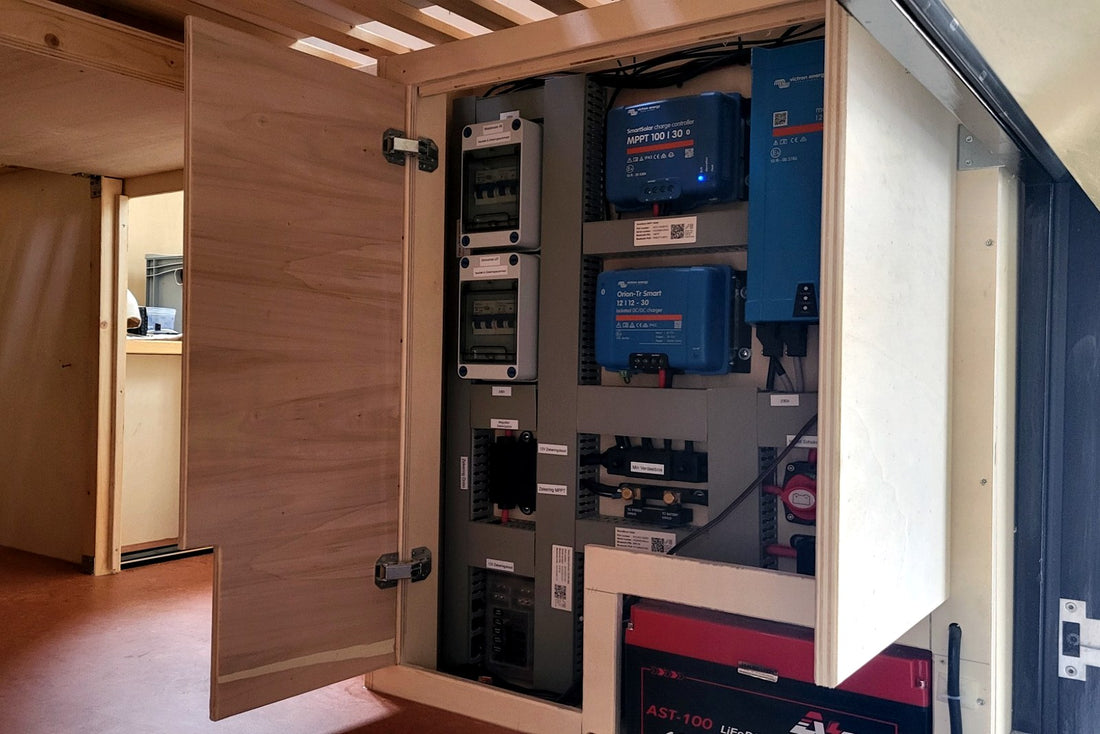 Voorbedraad camper-elektra installatiebord met Victron-apparatuur in maatwerk kast