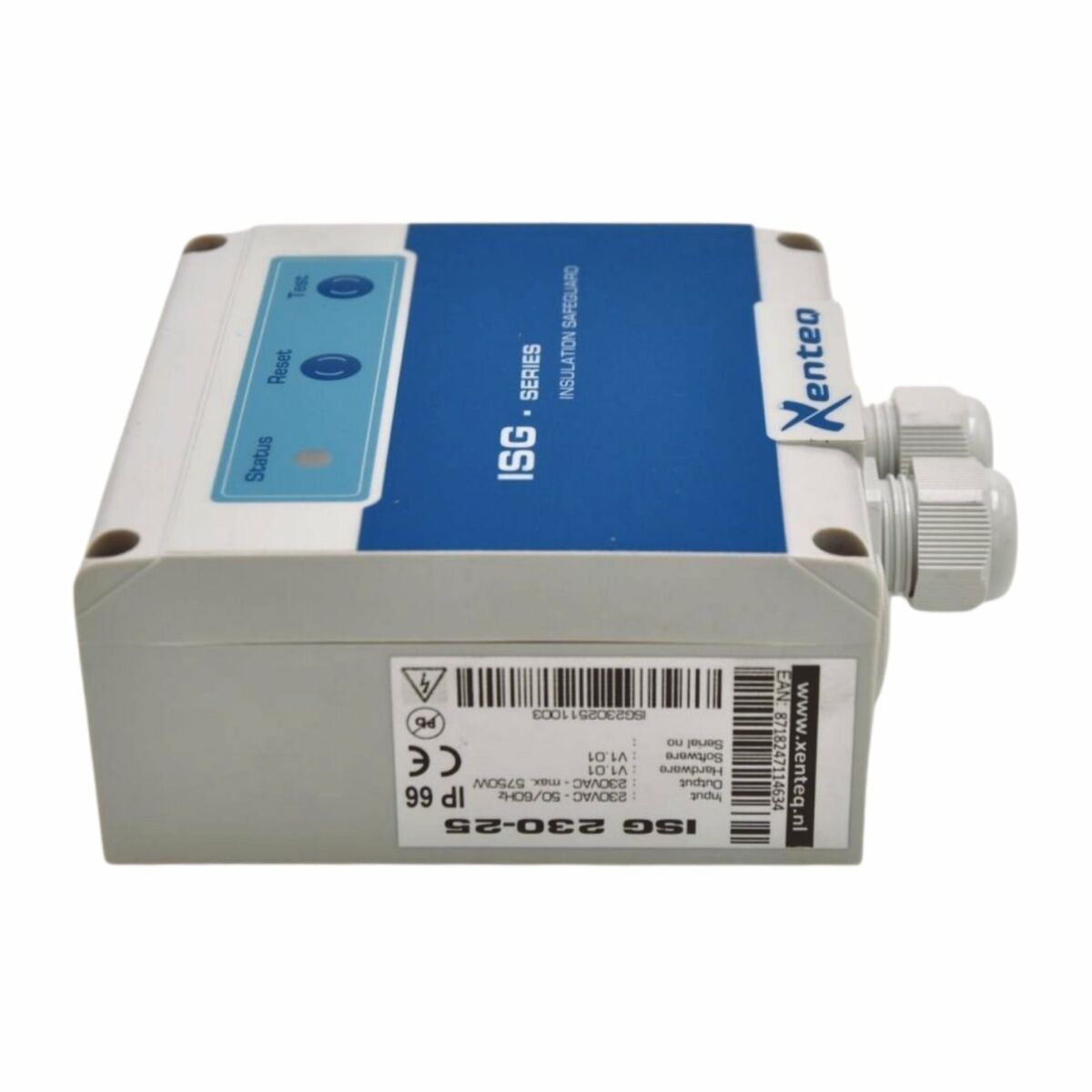 Xenteq ISG 230-25 isolatiebewaker 230V 25A – zijaanzicht met kabelwartels