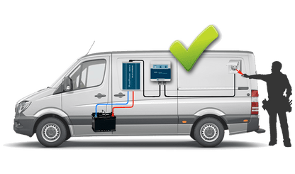 Illustratie: bedrijfswagen met isolatiebewaker – 230V wordt afgeschakeld bij fout, veilig aanraken buiten de wagen