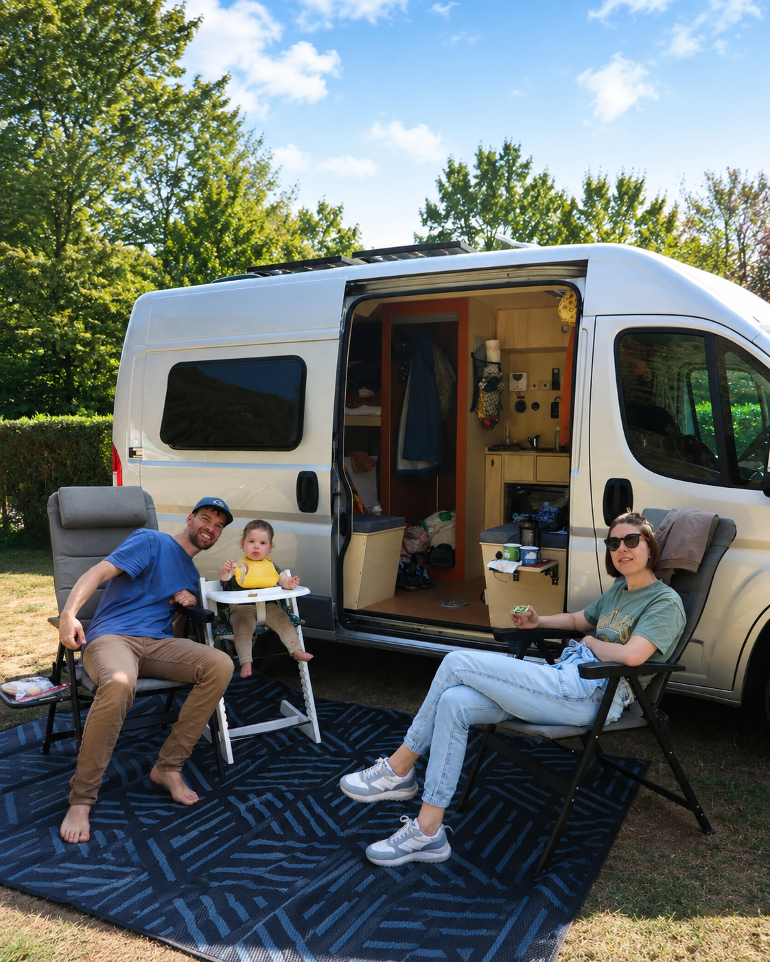 Lars en Tamara bij hun zelfbouwcamper met elektrisch koken en camper-elektra systeem van Faraday Energy